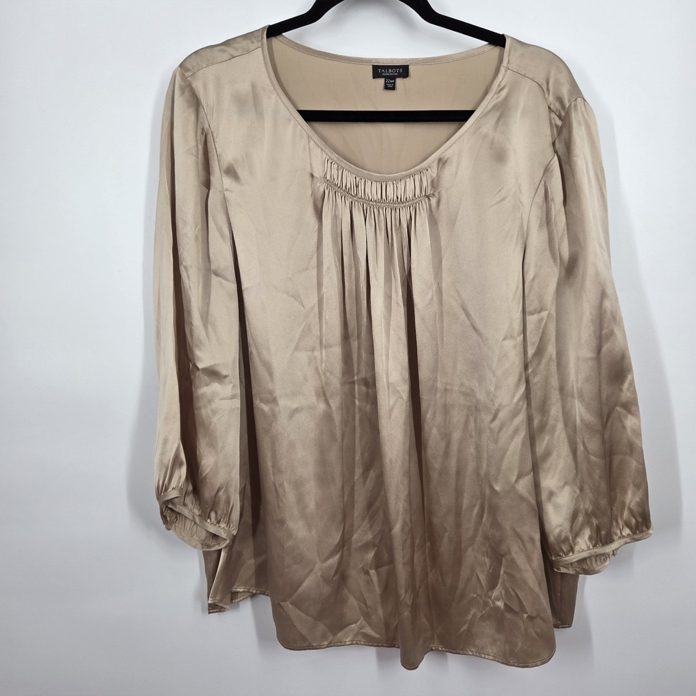 Talbots 100% Silk Gold Blouse Pleated Crew Neck Women's 22WP Career Old Money